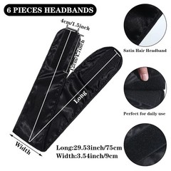 6 Packs Black Satin Spa Headband Silk Adjustable Spa Hair Wrap Facial Headband..