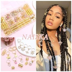 156Pcs Pink Crystal Dreadlock Jewelry, Gold Hair Cuffs & Coils, Braids Decor