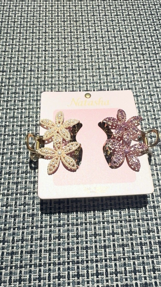 Natasha Flower Hair Clips 2-Pack Gold Pink Purple Rhinestone Beaded