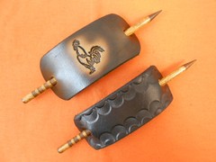 2 Leather Hair Barrettes w Sticks, Ponytail, Crowing Rooster, Hand Crafted #273