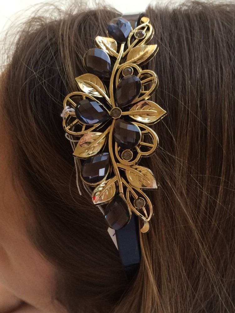Black Plastic Gold Clover Leaf Acrylic Stone Headband Hair Accessory