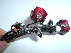 JEWELED FRENCH RED SILK ROSES BARRETTE
