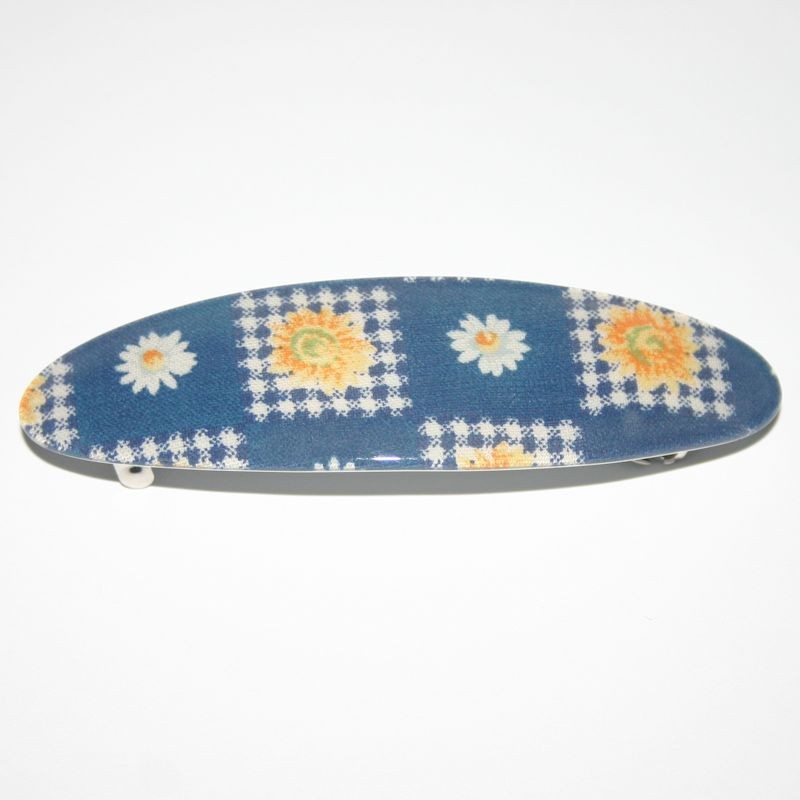 Barrette Metal Hair Clip Oval Girls Plaid Blue White Yellow Daisy Made in France