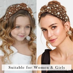 Atoden Pearl Headband Knotted Rhinestone Headbands Wide Top Knot Brown