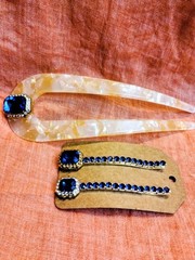 Blue Clear Rhinestone Mother Of Pearl Design Resin French Bun Hair Pin Set
