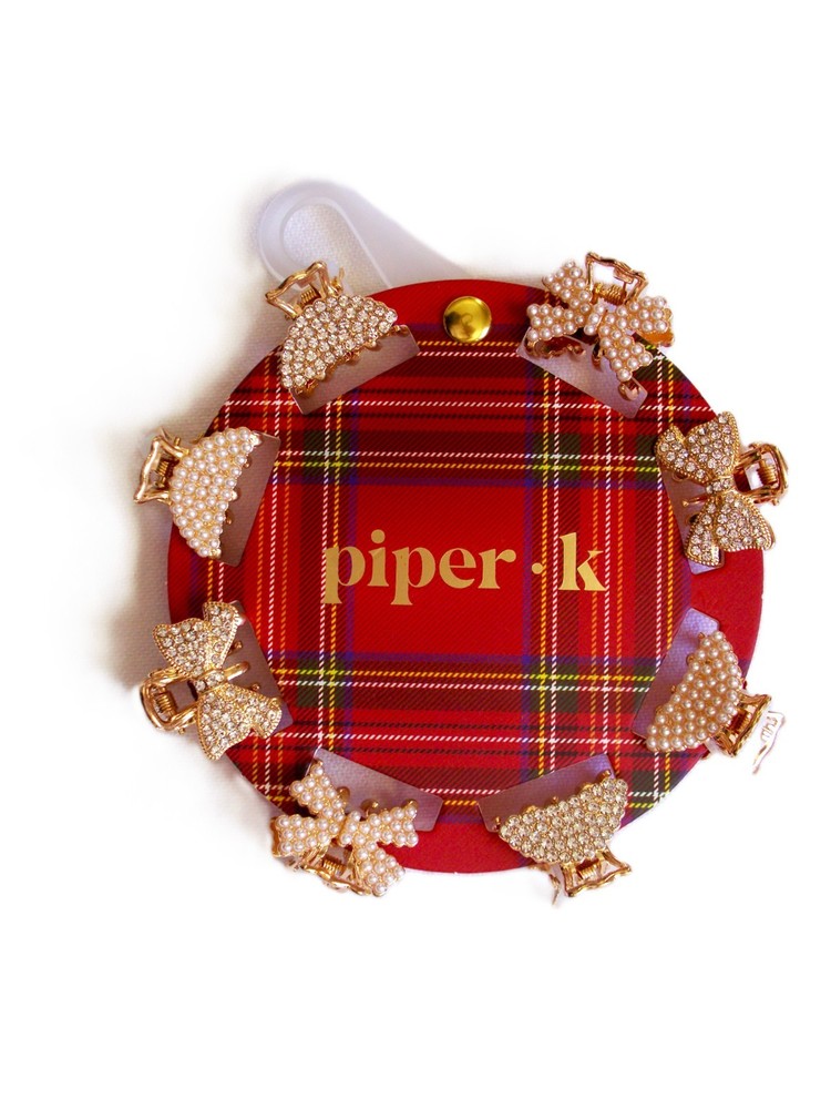 Piper K Set of 8 Bows Moons Hair Clips Gold White Faux Pearls Rhinestones NWT