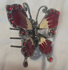 Silver Tone Butterfly Hair Claw Clip, Red Rhinestone Accents, Red/White Enamel