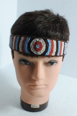 Artist Handcrafted Beaded White, Red Turquoise & Brown Stretchable Headband OOAK