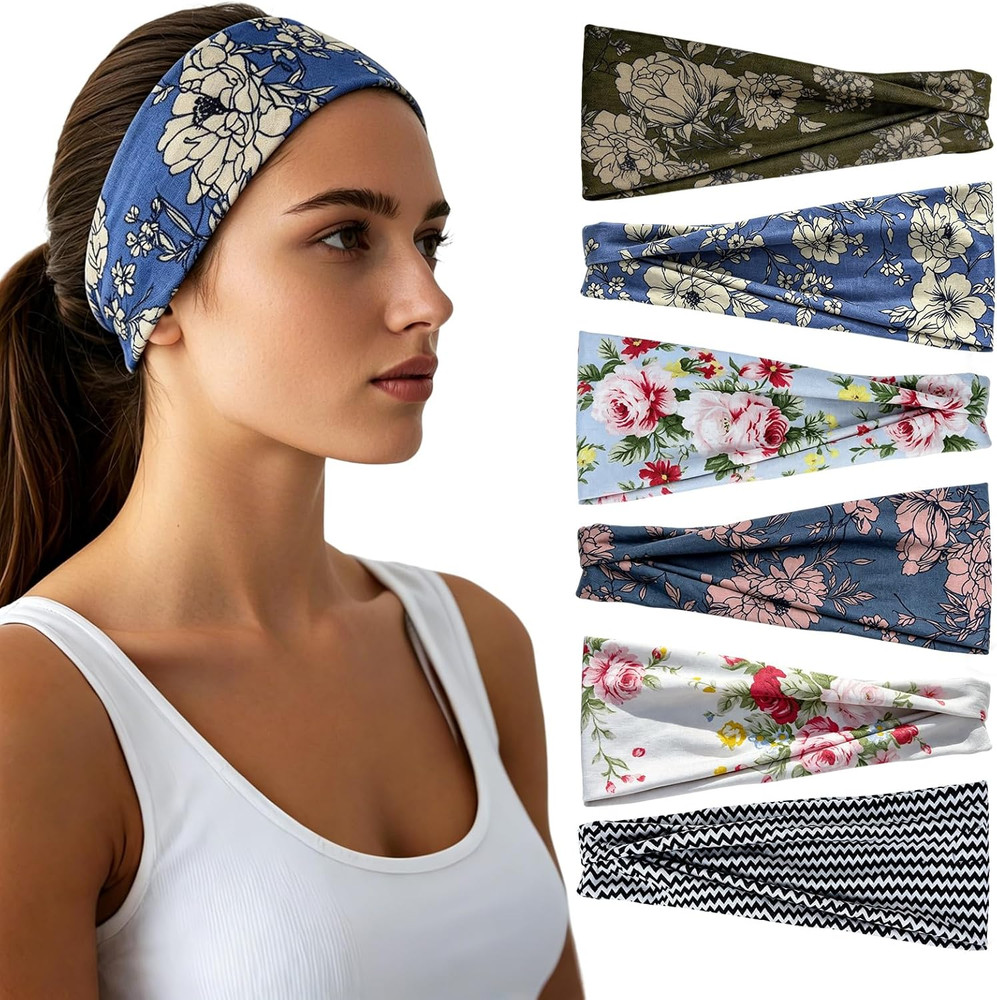 Headbands for Women – 6 Pack Wide Elastic Hair Bands | Stretchy Sweatbands Hair