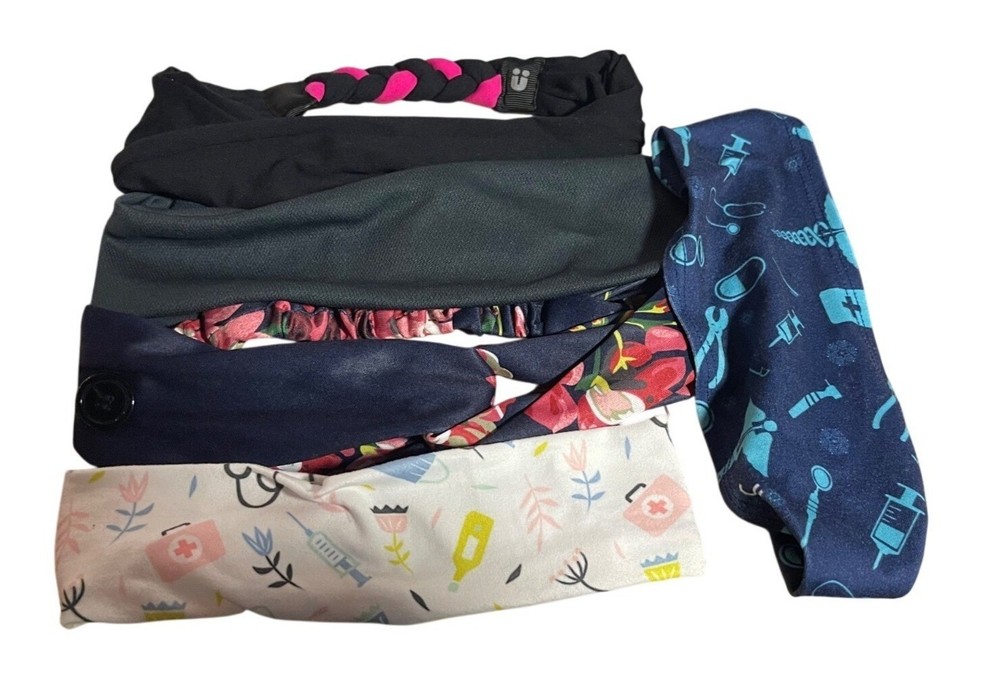 Set Of 5 Womens Elastic Headbands With Floral & Medical Prints Nurse