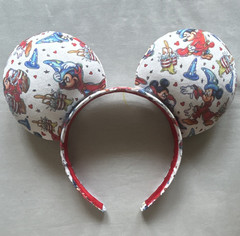 Disney Mickey Mouse Ears Headband w/ Bow, White Red Blue Fabric, All-Over