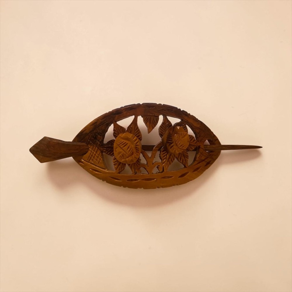 Hand-Carved Wooden Hair Clip With Floral Design Natural Brown Finish (C100)