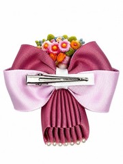 Girls Fairy Floral Bow Barrette Hair Clip, Pink/Purple, Handmade Beaded Ribbon
