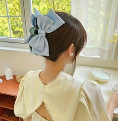Light Blue Satin Stylish Bow Ribbon Hair Claw Clip All Hair Types Non Slip