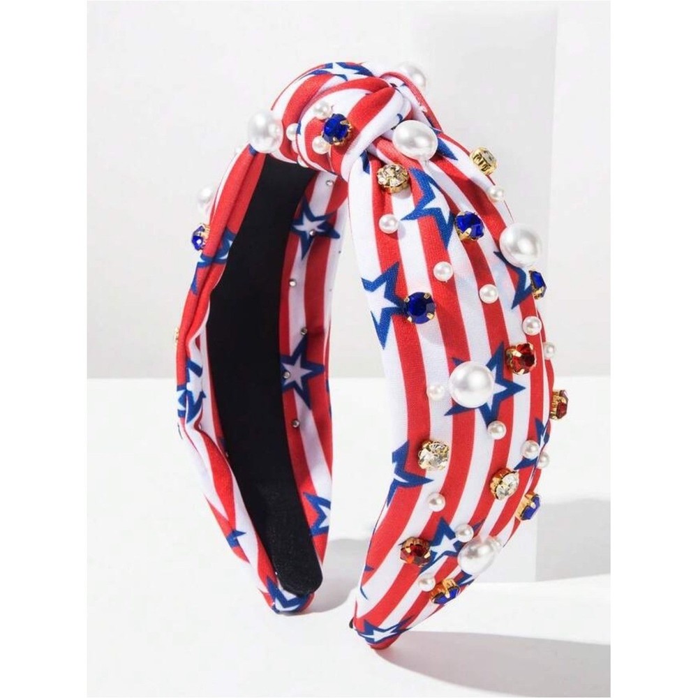 Patriotic Red White Blue Knotted Headband with Pearls & Gems