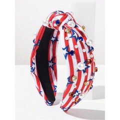 Patriotic Red White Blue Knotted Headband with Pearls & Gems