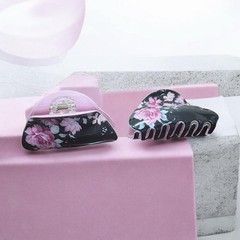 Women’s Black Pink Floral Flower Hair Claw Clips Set of 2, Plastic Casual