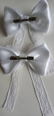 Set of 2 White Satin Bow Hair Clip Barrettes w/ Lace Tails & Pearl Beads