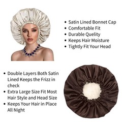 Satin Bonnet Silk Hair Cap: 2pcs Double Layer X-Large, Black+coffee