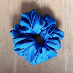 Blue Satin XL Scrunchie Handmade with Wide Elastic & Hidden Seams