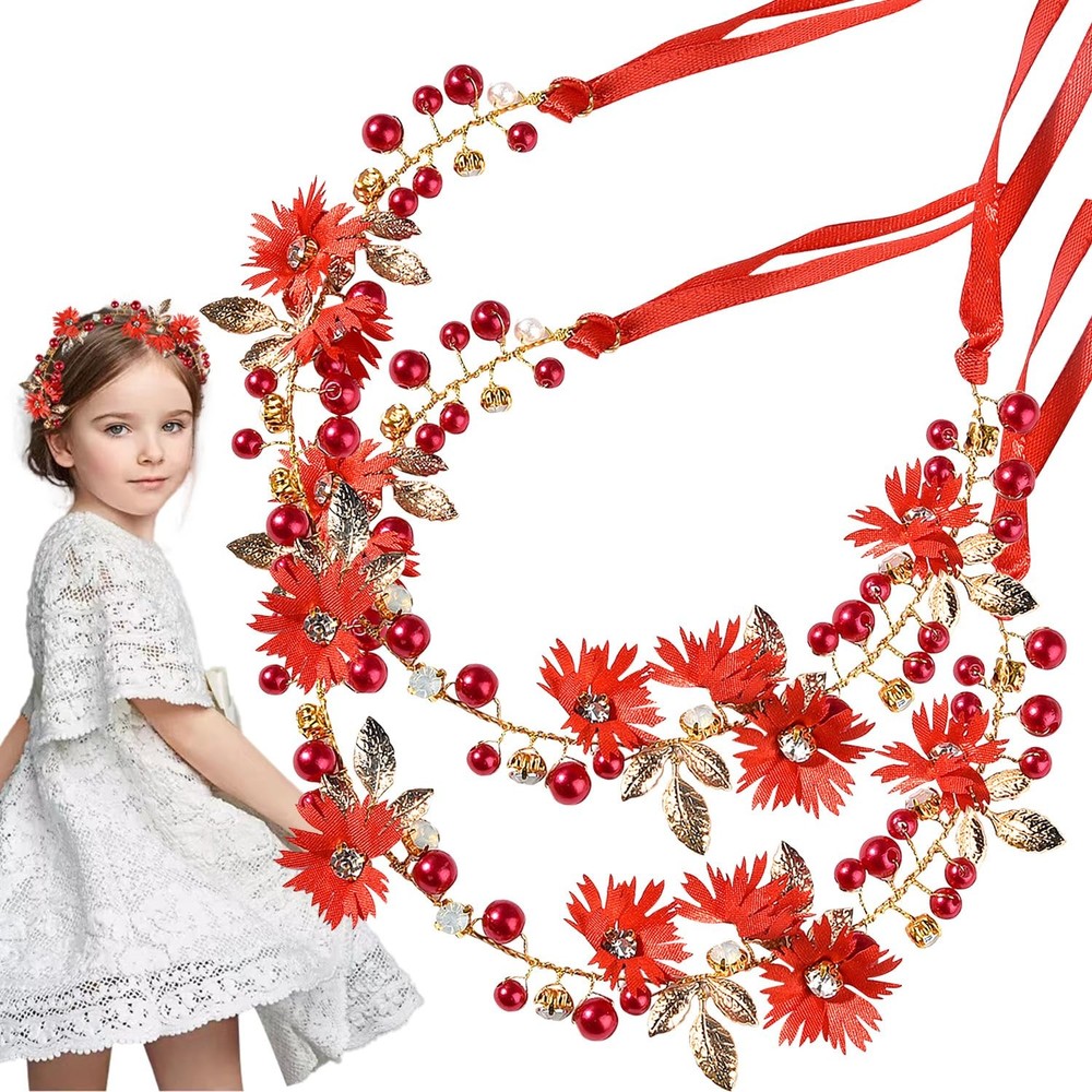 2 PCS Red Daisy Pearl Flower Vine Rhinestones Headband, Flower Headband Floral H