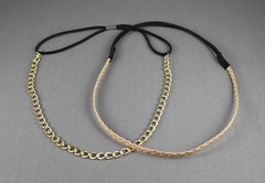 Gold chain link headband Lt Brown faux leather braid thin skinny narrow 2 pack