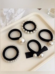 Black Pearl-Embellished Hair Tie Set — Women Accessories