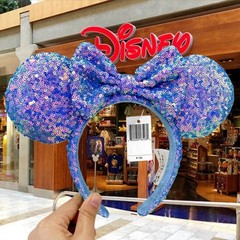 Disney` Parks Ribbon Blue Sequin Aurora Store Headband Minnie Ears Tokyo US POST
