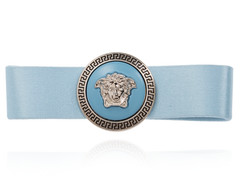 NWT Versace Blue Gianni Ribbon Medusa Tribute Logo Satin Bow Hair Clip Barrette