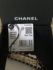 CHANEL 20C NEW TAGS Gold Chain Black Leather CHANEL LOGO HAIR CLIP BARRETTE BOX