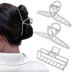 3pcs Hair Claw clips for Women, Metal Silver Large Hair clips for Thick Thin …