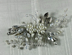 Silver Floral Wedding Hair comb pin with Faux Pearls & Clear Crystal Accents