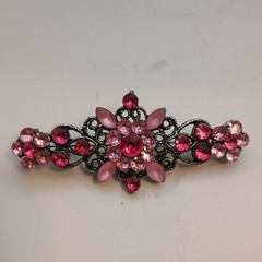 Pink Silver Rhinestone Floral Flower Barrette Hair Clip Metal Decorative