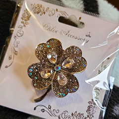 Flower Rhinestone Clover 🍀 Brooch Clip, Silver/Clear, RBC-0187R