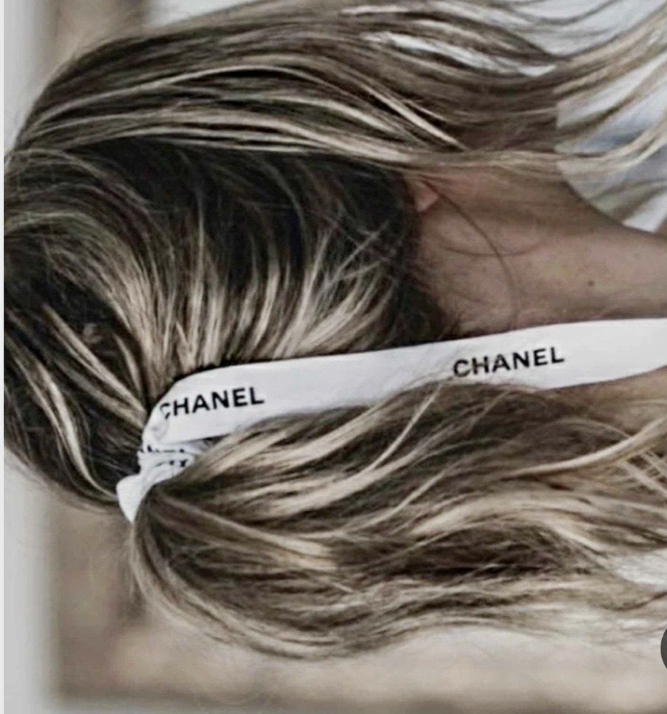 CHANEL Logo Bow Hair Tie Fabric Stretch Ponytail Holder Beige Black