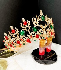 Christmas Gold Crown, Reindeer Crystal Tiara, Christmas Party, Xmas Tree Topper