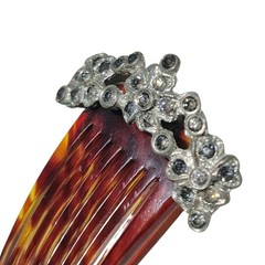 1920s Comb Tortoise Shell Celluloid Metal Gemstone Flower Adorned Hair Accessory
