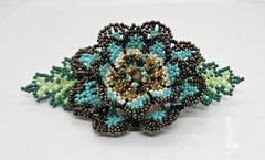 Large Beaded Blue Green Barrette Glass Beaded Flower Design