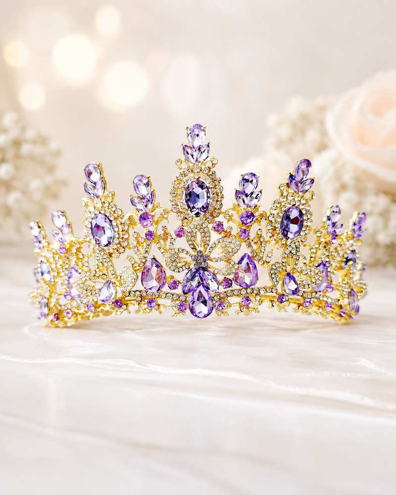 Gold Purple Crystal Butterfly Tiara Crown Wedding Pageant Quinceanera Prom