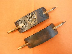 2 Leather Hair Barrettes w Sticks, Ponytail, Deer Head Buck, Hand Crafted #230