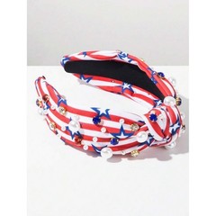 Patriotic Red White Blue Knotted Headband with Pearls & Gems