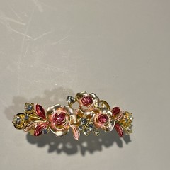 Gold Tone Floral Flower Rhinestone Barrette Hair Clip, Pink & Clear Stones