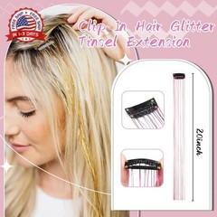 Hair Tinsel Pack of 12 Pcs 20 Inch Glitter Silver Clip in Tinsel Hair Extensions