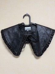 GANNI Black Faux Leather Ruffled Collar with Front Ribbon