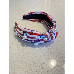 Patriotic Red White Blue Knotted Headband with Pearls & Gems