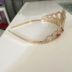 Gold Tone Rhinestone Crown Tiara Headband Red & Clear Stones Princess Formal