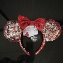 Disney Parks Minnie Mouse Red Silver Reversible Flip Sequin Ears Headband NWT