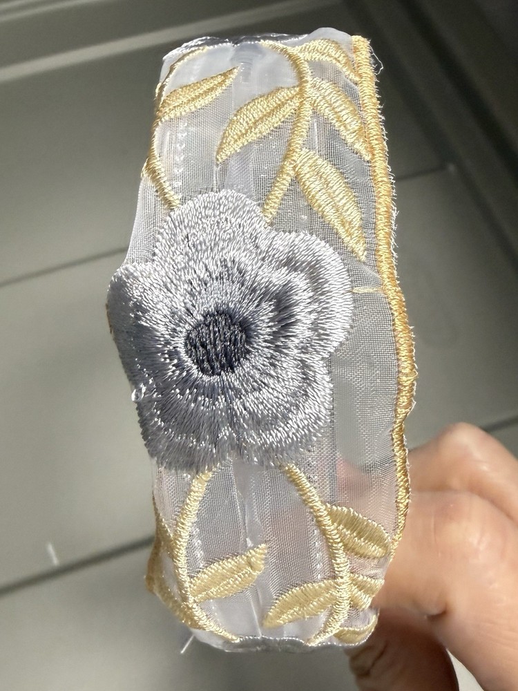 Stella embroidered sheer 2” wide headband hair accessory Gray feminine floral