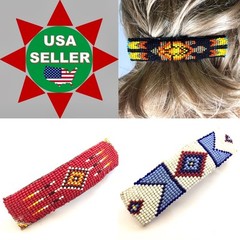 HANDMADE GLASS SEED BEADED RED BLUE BLACK ORANGE COLOR LEATHER HAIR BARRETTE