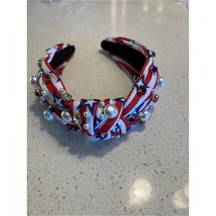 Patriotic Red White Blue Knotted Headband with Pearls & Gems